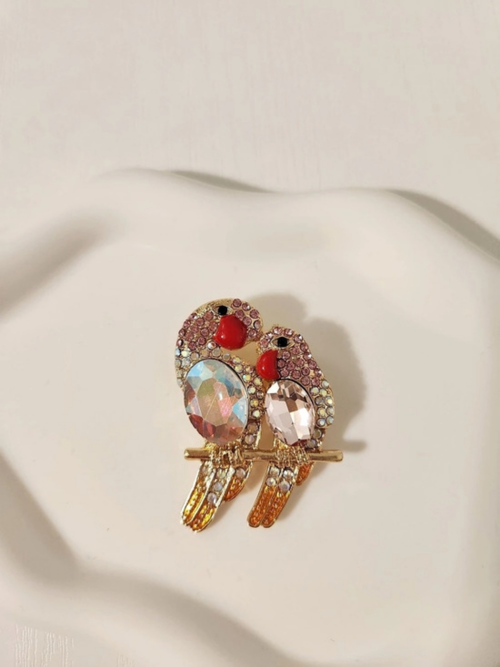 Crystal Love Birds Brooch in Gold Red And Rhinestone Parrots